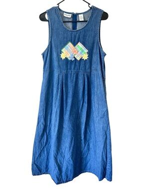 Vintage 90s Cottagecore Denim Jumper Dress Midi Maxi Applique Details Size M P